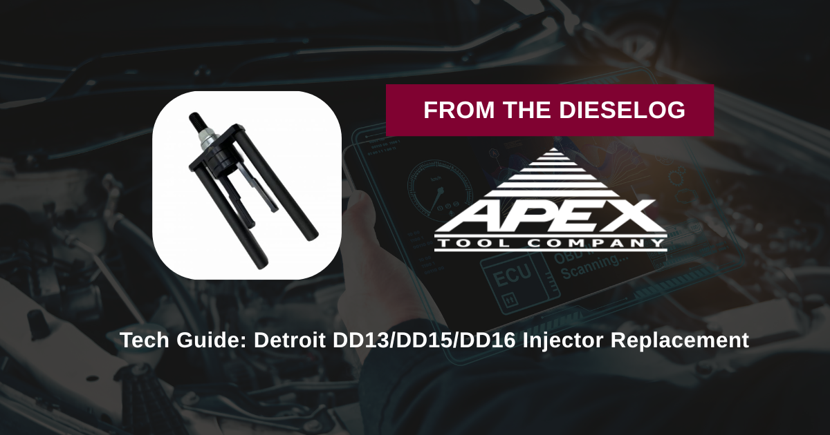 Step-by-step layout of an injector removal tool mounted over a commercial diesel engine cylinder head